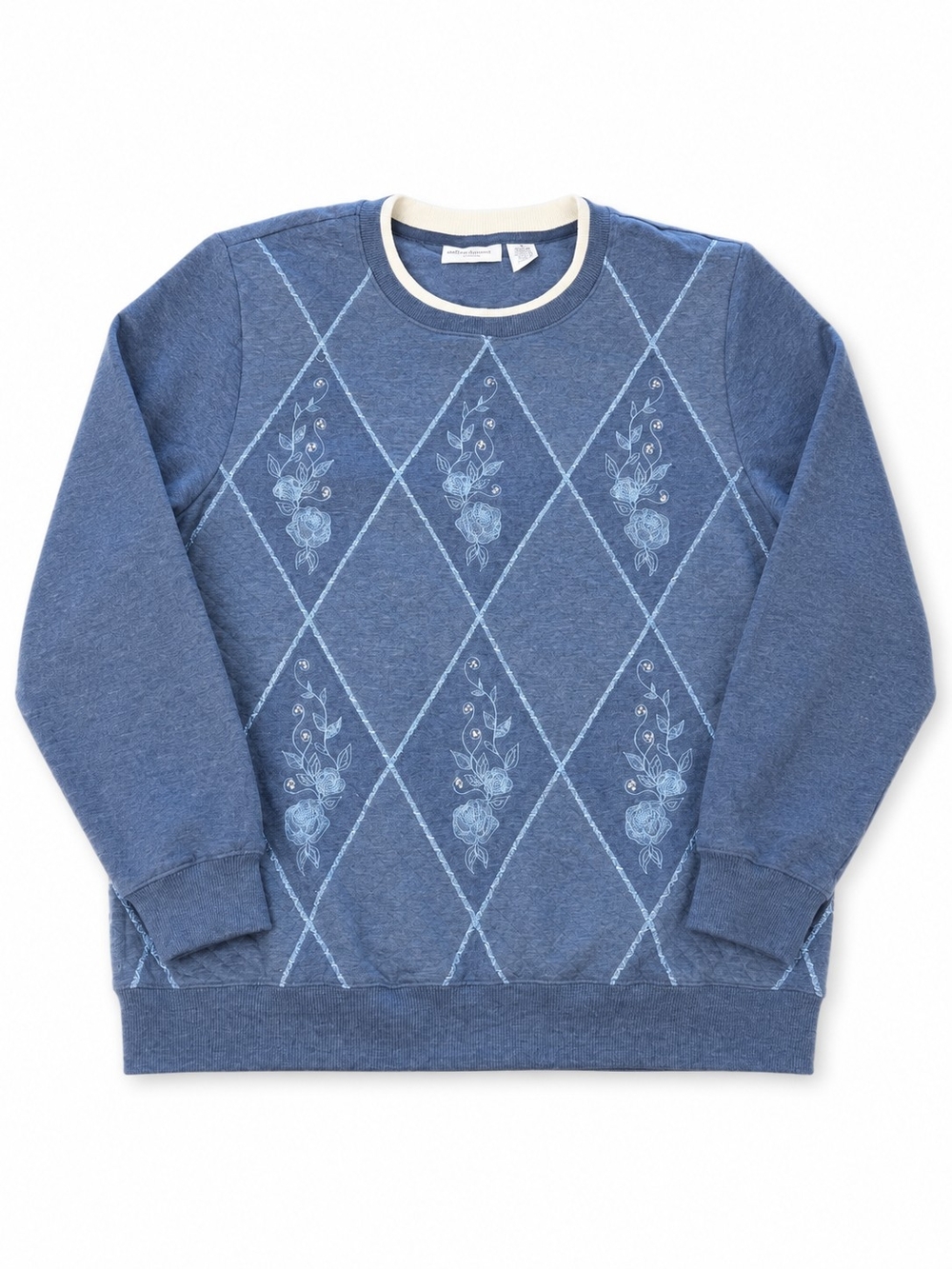 Alfred Dunner Grandmacore Blue Floral Argyle Crewneck Sweater Size Large